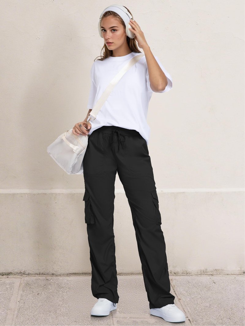 Tapata Tall Womens 34" Inseam Lightweight Cargo Dance Studio Pants with 4 Pockets Pinstripe Joggers for Lounge, Black, S