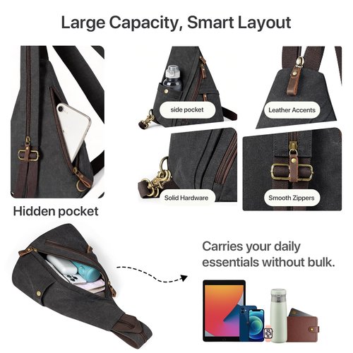 BRASS TACKS Leathercraft Vintage Canvas Sling Bag for Men and Women, 3-in-1 Convertible Crossbody Backpack Chest Bag with Genuine Leather Zipper, Large Capacity Travel Daypack (Gray)