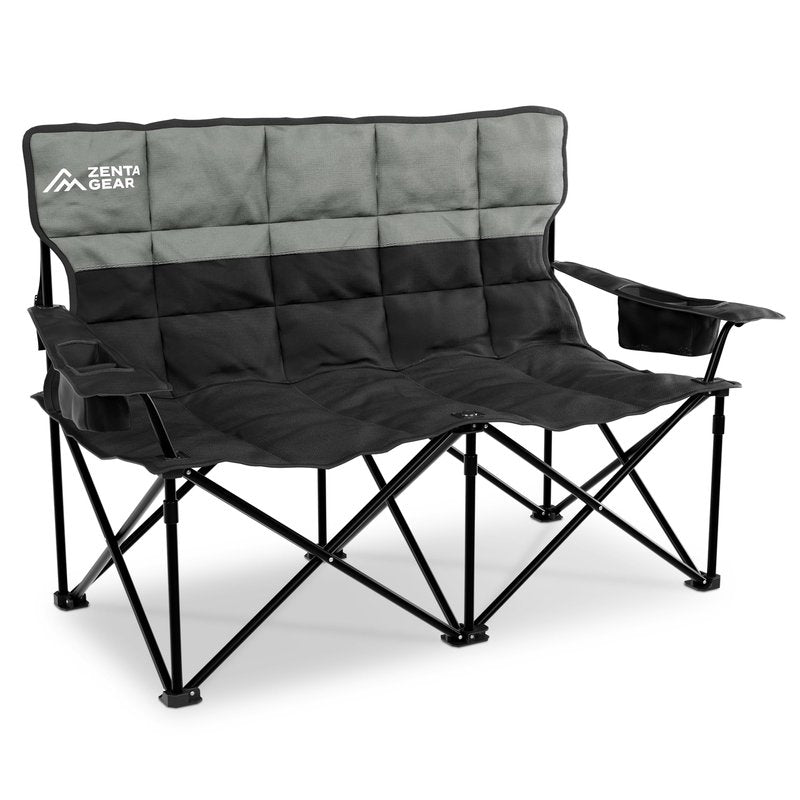ZENTA GEAR Oversized Fully Padded Double Camping Chair, Portable Folding Loveseat w/Side & Back Pockets, Adjustable Armrests, Double-Sized Cup Holders for Outdoor, Indoor, Supports 530LBS (Black)