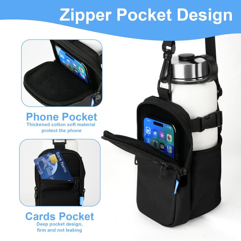 Xxerciz Water Bottle Carrier Bag with Phone Pocket Crossbody Sports Water Bottle Sling Pouch Holder with Adjustable Shoulder Strap, Universal Water Bottle Accessories for Walking Hiking (Black)