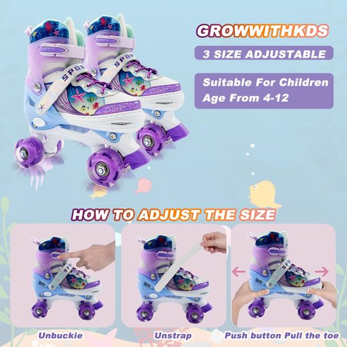 Adjustable Kids Roller Skates for Girls and Boys Ages 3-5 5-8 8-12, All 8 Wheels of Girl's Skates Shine, Safe and Fun Illuminating for Outdoor Indoor Sports with Protective Gear Set