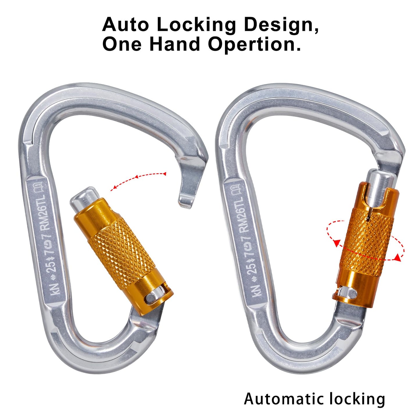 RESQT 25KN Auto Locking Climbing Carabiner Clips, Heavy Duty Climbing Carabiners Twist Lock, for Rock Climbing, Camping, Rappelling, Hunting, Rescue Equipment (25KN-5Pcs)
