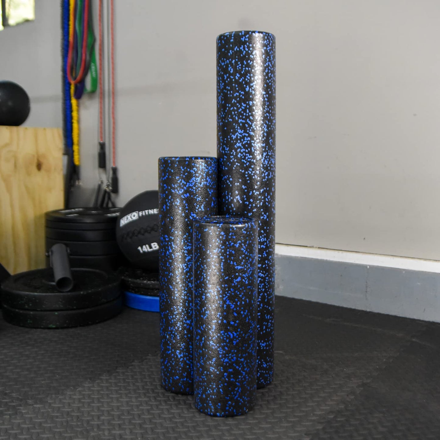 NEXO Fitness High-Density Round Foam Roller for Muscle Soreness Recovery, Exercise, Massage - 18", 24", 36" Blue Fleck (24 Inch)