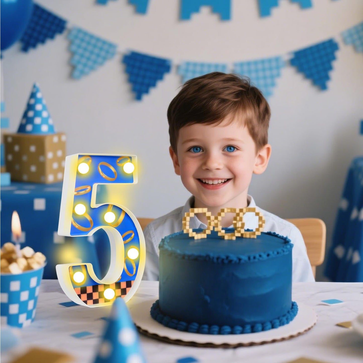 WalkManony LED Numbers Night Light(5)– Light Up Number Sign for Kids Birthday Party,Marquee Numbers with Warm White Glow,Battery Operated Blue & Gold Digits for Sonic Theme,8.66 x 5.91 in