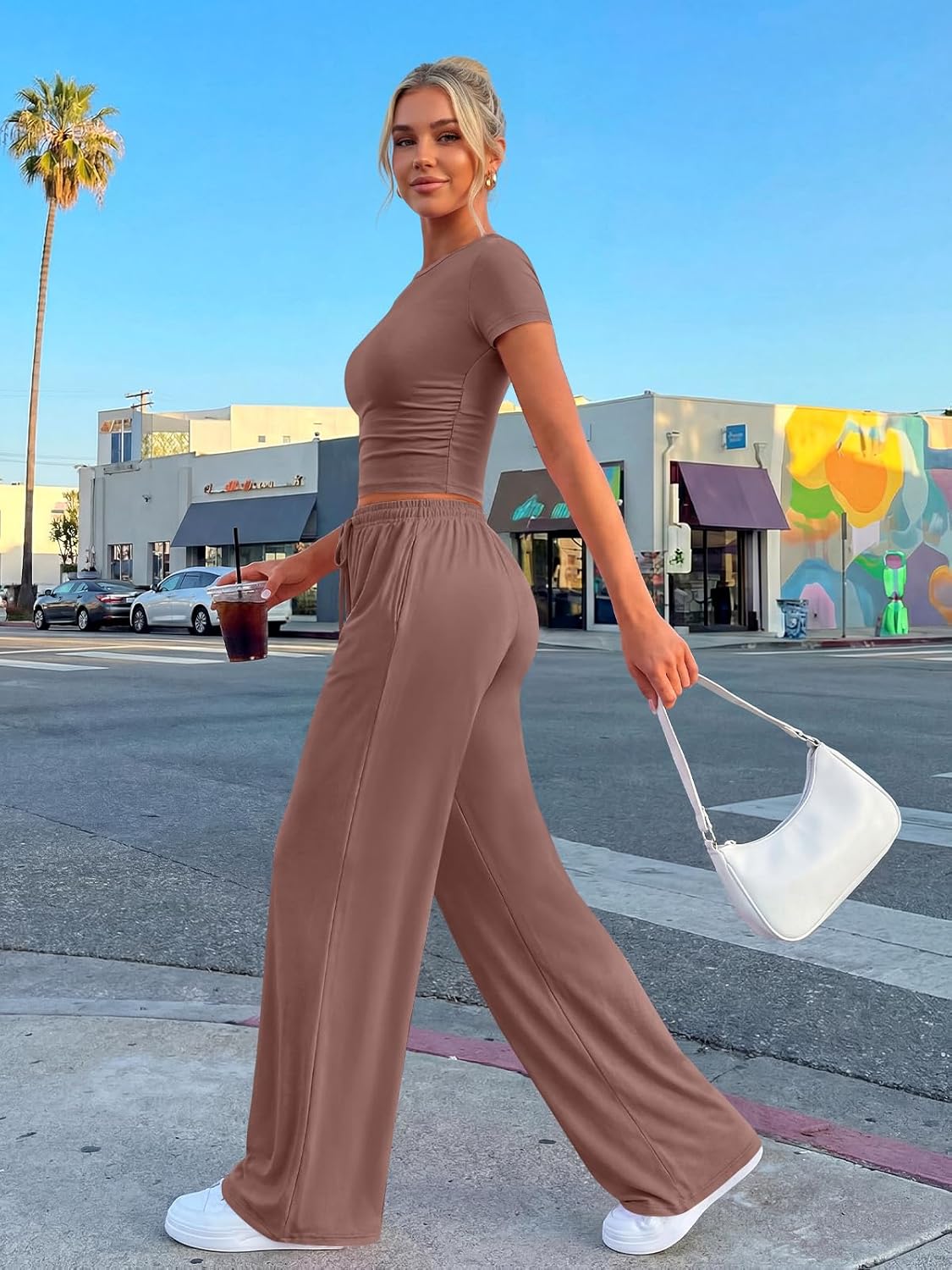 Trendy Queen 2 Piece Summer Lounge Set - Women's Side Ruching Top & Wide Leg Pants with Pockets