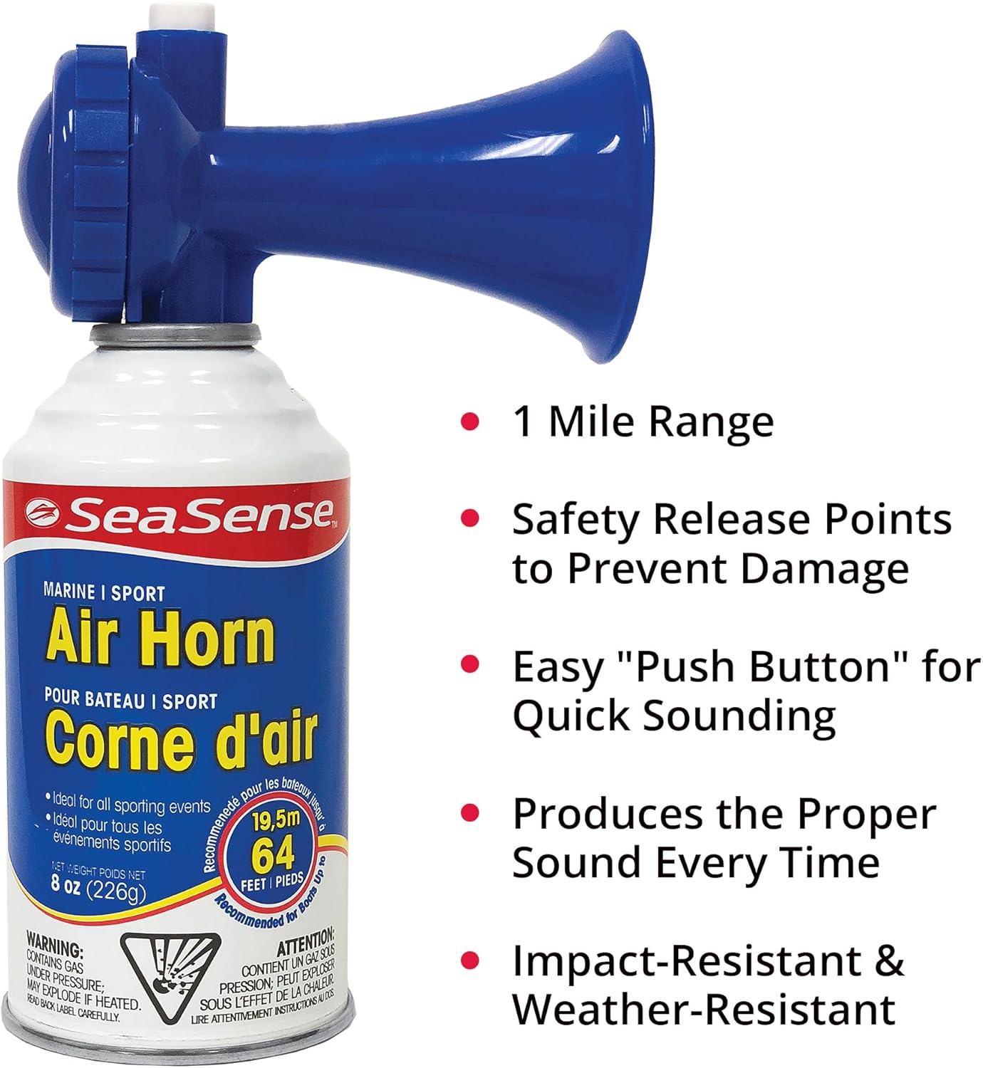 SeaSense Air Horn - Jumbo 8 oz | 127 dB Loud Sound, 1 Mile Range - Perfect for Marine Safety & Sports Events
