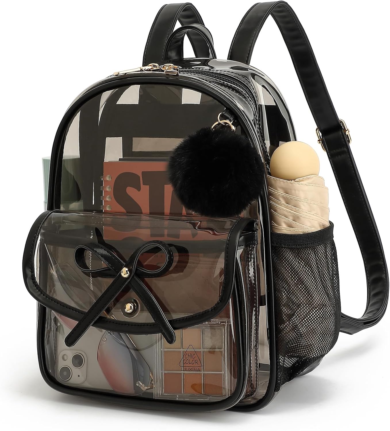 Skiennix Clear Backpack - Stadium Approved 12x12x6 PVC Bag with Stylish Leather Trim for Women