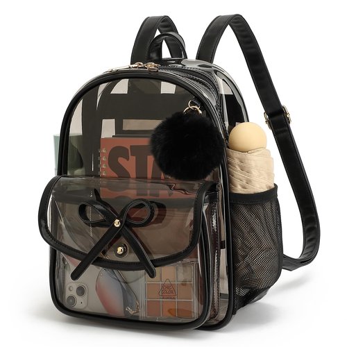 ASKSKY Clear Backpack for Stadium Events 12x12x6, Thick PVC Small Clear Bag with Leather Trim Fashion Women Backpack for Concerts, Sports, Festivals, Work, Travel-Black