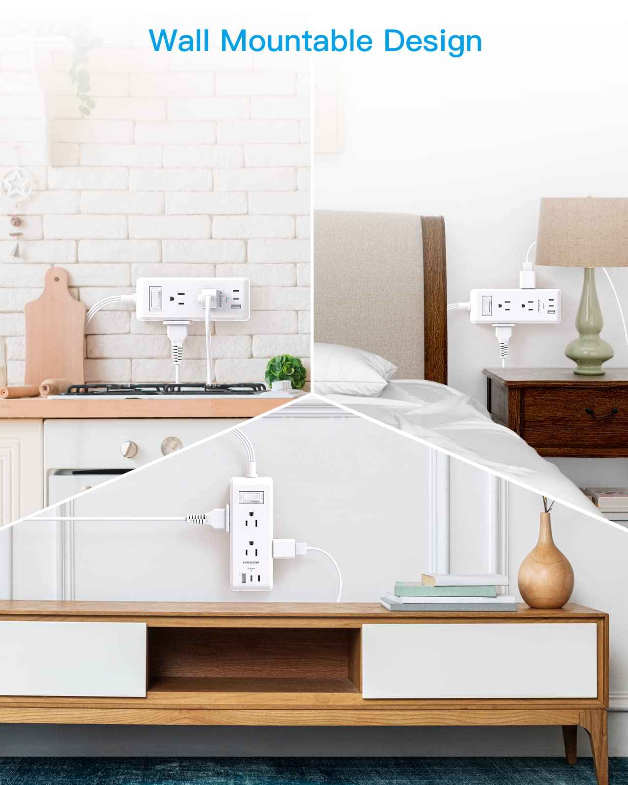 Extension Cord 10 ft, HANYCONY Flat Plug Power Strip with 6 Outlets and 3 USB Ports (2 USB C), Ultra-Thin Extension Cord, Wall Mountable, Long Cord for College Dorm Room, Office Home Essentials