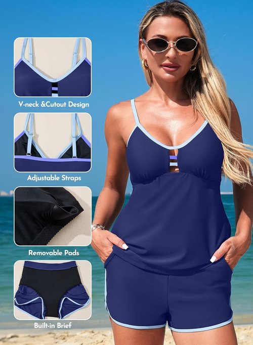 Aleumdr Color Block Tankini Swimsuit - Tummy Control Two-Piece with Pockets | Stylish & Comfortable