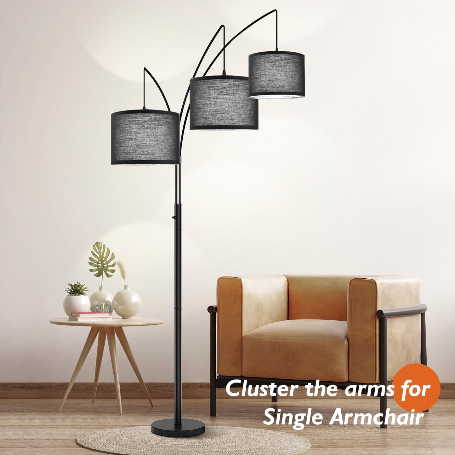 3 Lights Arc Floor Lamps for Living Room, Black Modern Tall Standing Lamp Hanging Over The Couch with Shades & Heavy Base,Mid Century Tree Floor Lamp for Bedroom Office