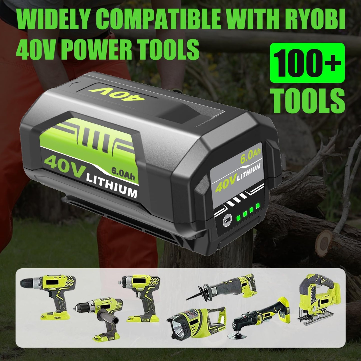 Replacement for Ryobi 40V Battery 6.0Ah OP40601 OP40602 OP4075A OP40261 OP40404 OP4050A Compatible with Ryobi 40Volt Battery Cordless Tools