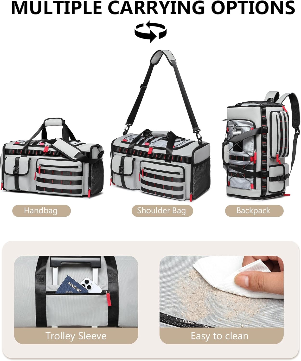 MCBD 45L Gym Bag | Versatile Duffle Sports Backpack with Shoe & Laptop Compartment - Grey