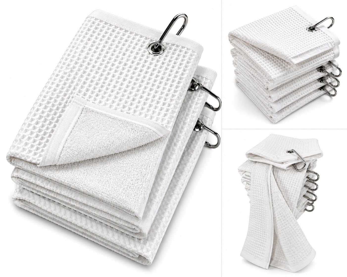 3 Pack -12"x19" Tri-fold Golf Towel with Metal Bag Clip, Cotton Terry-Waffle Cloth Golf Towels for Men&Women Lover Boyfriend Dad Gifts(White)