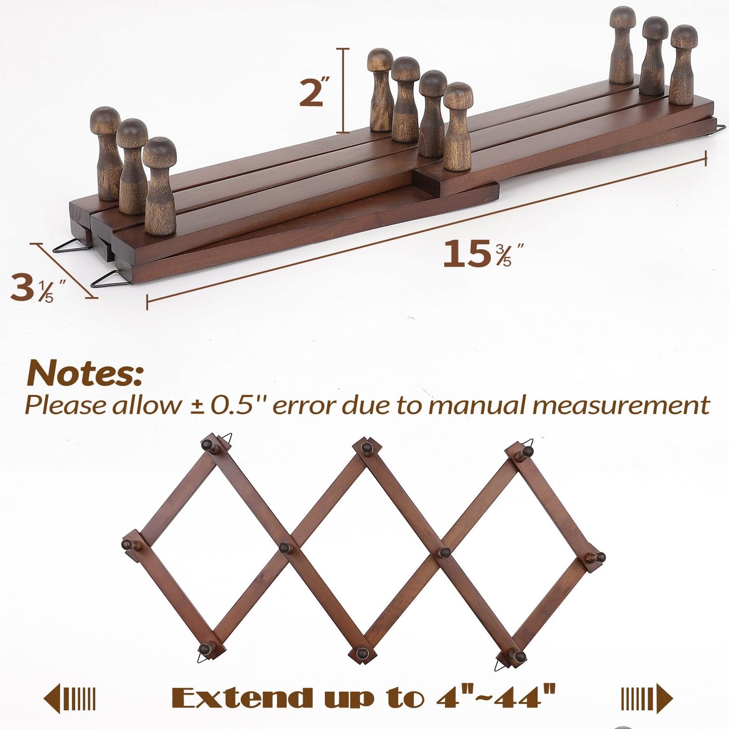SCUNDA Wall Rack with 10 Hooks, Wooden Wall Expandable Coat Rack for Coat, Hats, Baseball Caps, Coffee Mug, Jewelry(Brown)