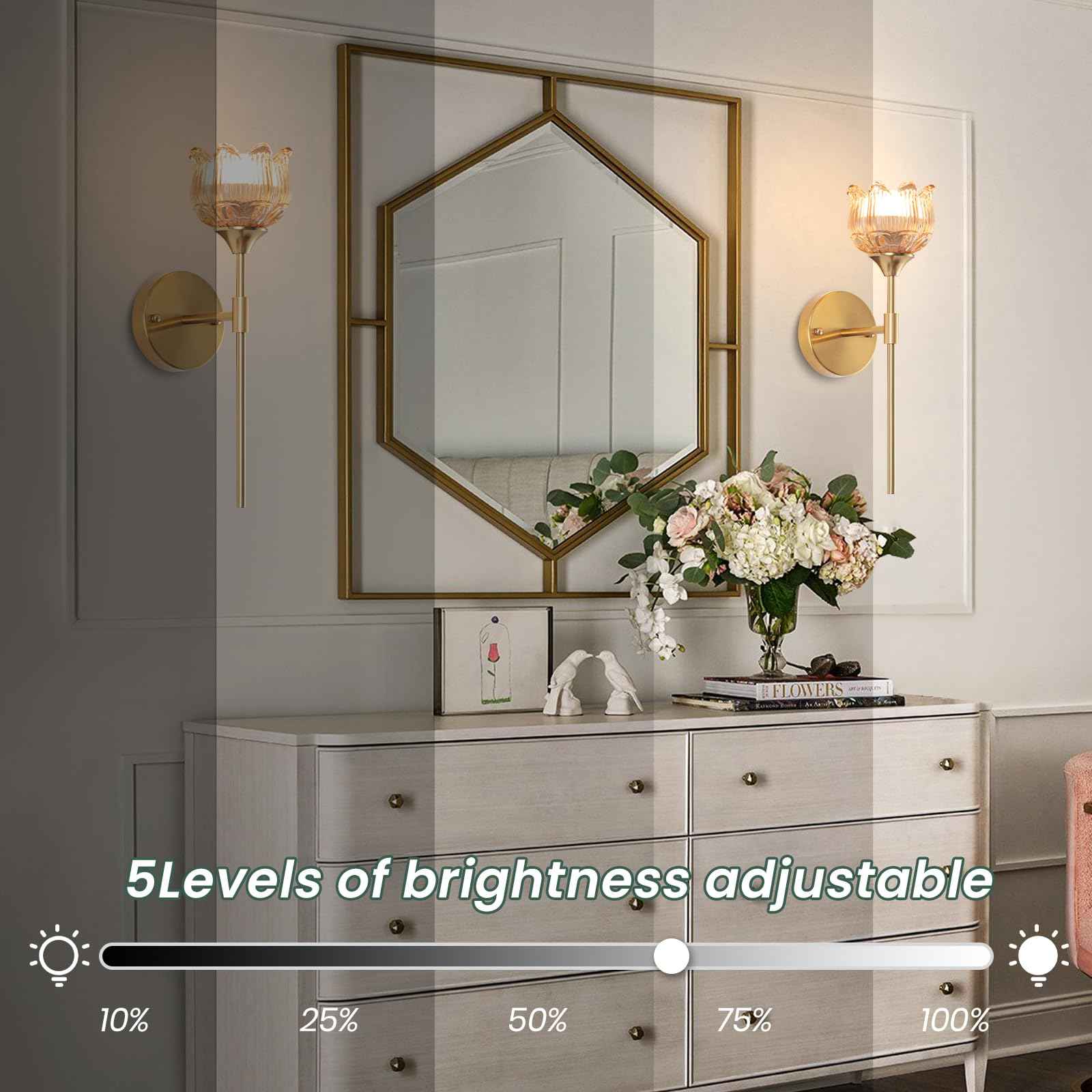 Rnzziw Battery Operated Wall Sconces Set of 2, Wireless Wall Sconce with USB, Rechargeable LED Light Bulbs 12 Colors Industrial Brushed Brass Wall Lamp for Bedroom Living Room, Bulbs Included (Amber)