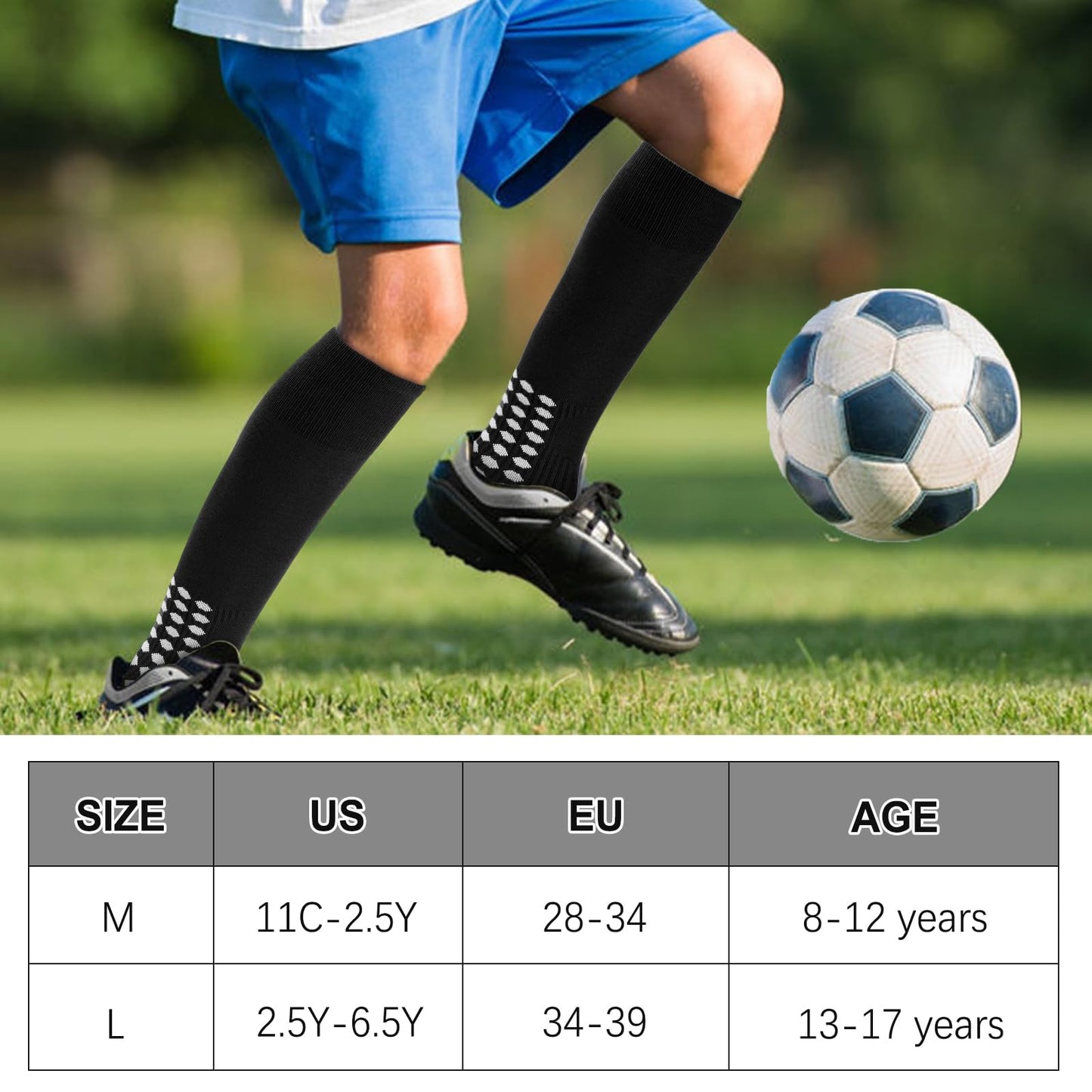 Regilt 3 Pairs Kids Youth Grip Soccer Socks, Non Slip Knee High Soccer Football Sport Socks for Boys Girls Age 8-17 (US, Alpha, Large, Regular, Regular, Black)