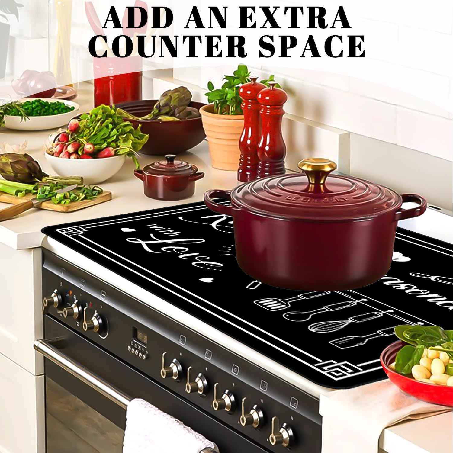 Black Stove Cover, Kitchen is Seasoned with Love Heat Resistant Glass Top Stove Cover Protector 28x20 inch, Cooktop Cover for Kitchen, Ceramic Stove Top Dish Drying Mats