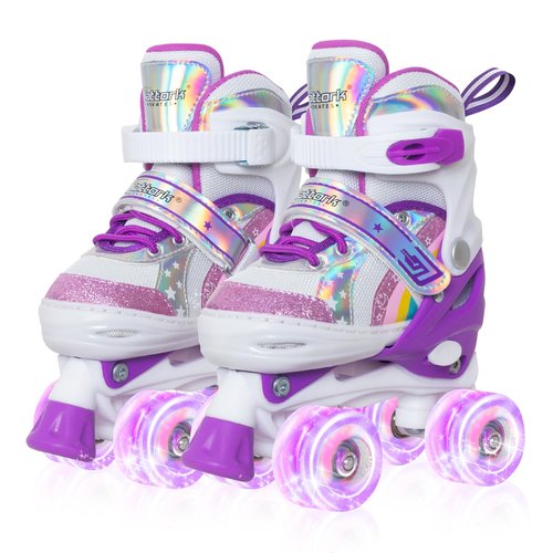 Nattork Girls Roller Skates for Kids, 4 Size Adjustable Rainbow Quad Skates with All Light Up Wheels - Best Birthday Gift for Outdoor Sports