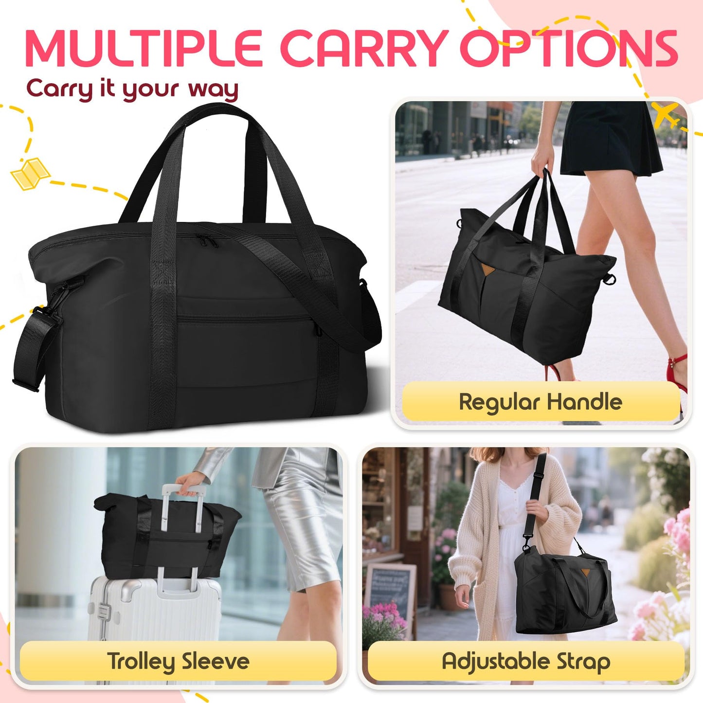 Magimack Duffle Bag for Travel, Carry-on Travel Bag with Trolley Sleeve, Sport Gym Bag for Women, Overnight Bag for Men, Hospital Bag for Labor and Delivery (Black)