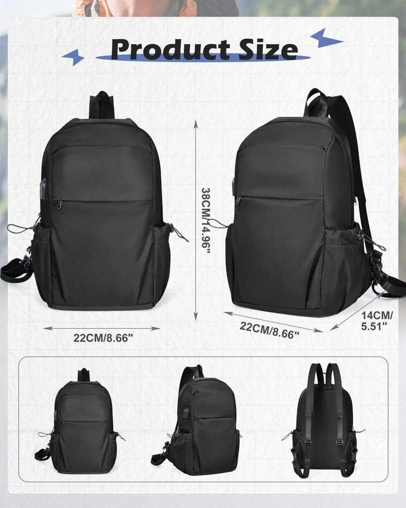 SEAFEW Large Black Convertible Sling Crossbody Backpack Shoulder Bag for Men Women, Waterproof Nylon Chest Bag One Strap Back Pack for Hiking Walking Biking Travel Cycling with USB Charger Port
