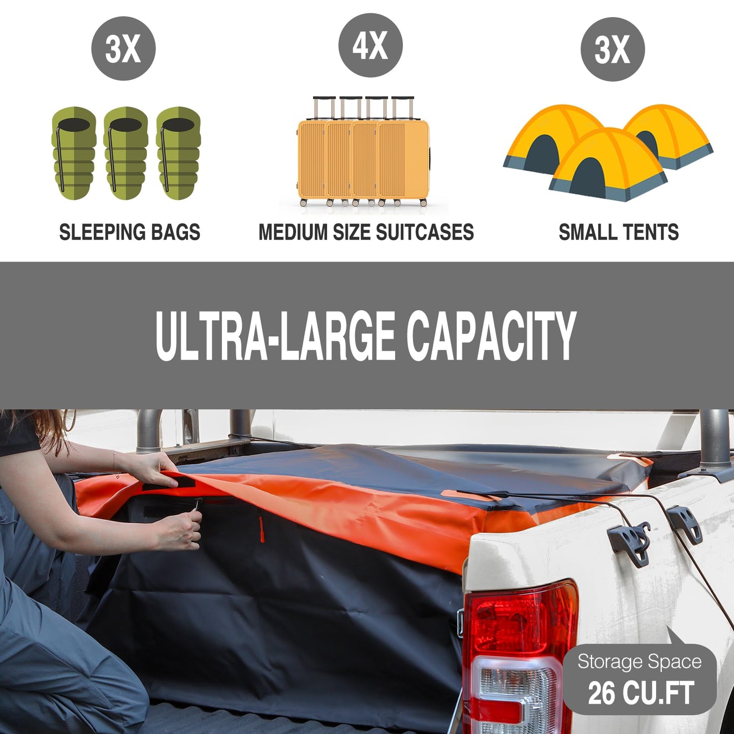 REDCAMP 26 Cubic ft Truck Bed Cargo Bag, Extra Waterproof Cargo Bag, Fits Any Truck Size, Heavy Duty Luggage Bag with 4 Bungee Cords for Pickup SUV, 52"x40"x23"