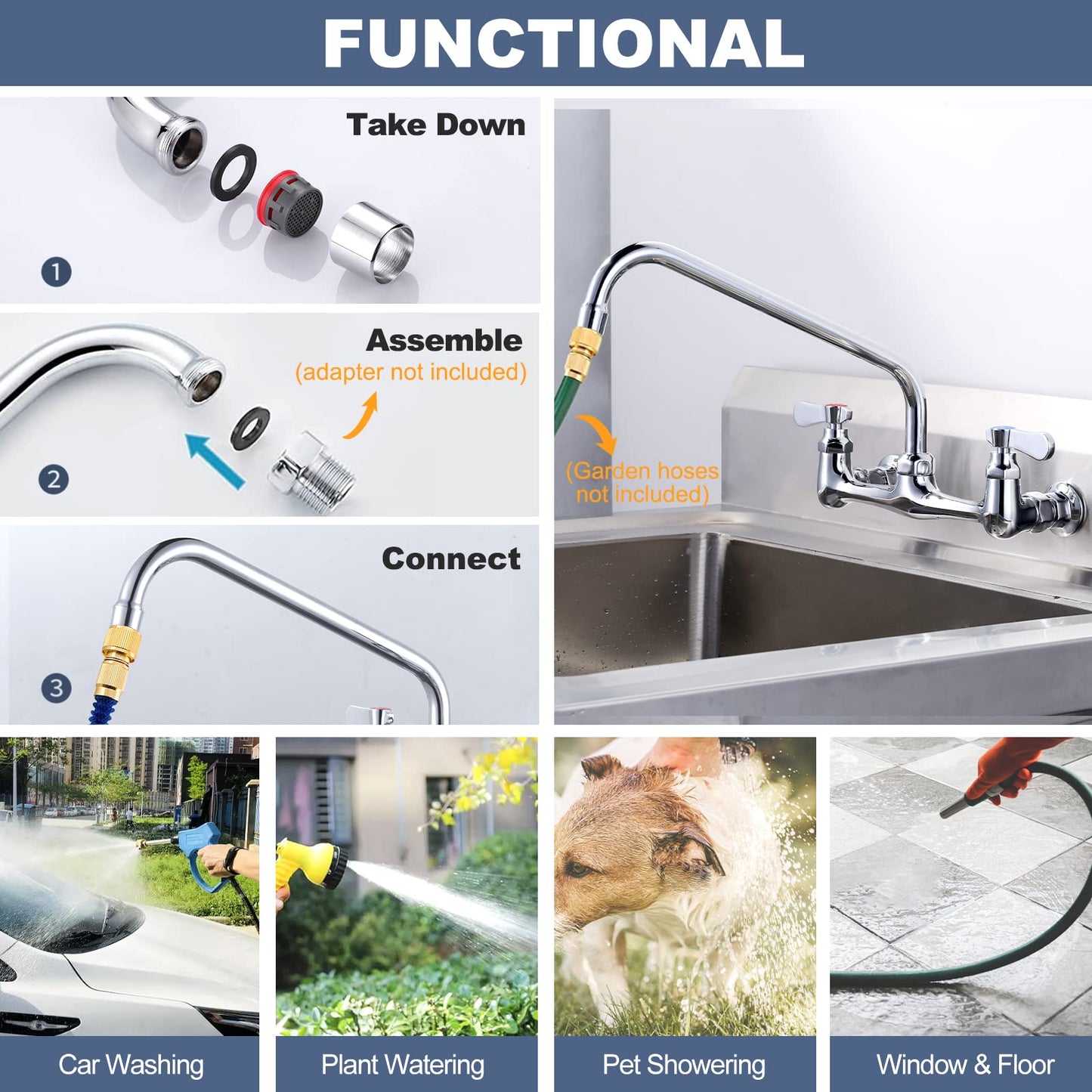 iVIGA Commercial Sink Faucet with 12” Swivel Spout, 8" Center Wall Mount Kitchen Faucet, Dual Handles Brass Utility Sink Faucet for Laundry Room Restaurant Compartment Sink, Polish Chrome