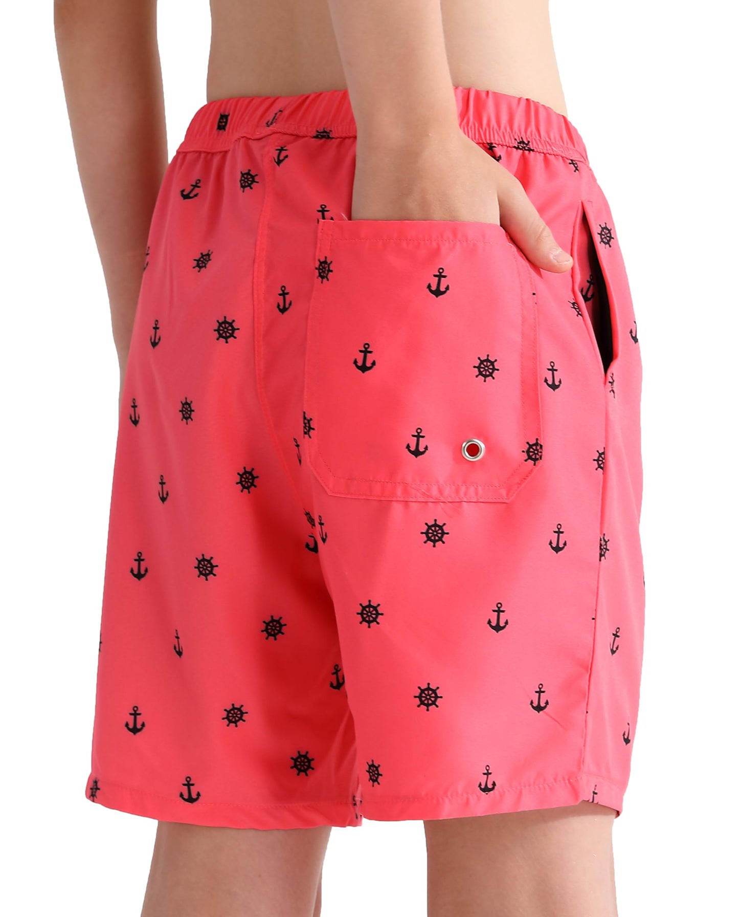 HOOGRIN Youth Boy Bathing Suit with Compression Liner Trunks Teen Boy Swim Trunks Swimming Shorts,Pink Anchor,8 Years