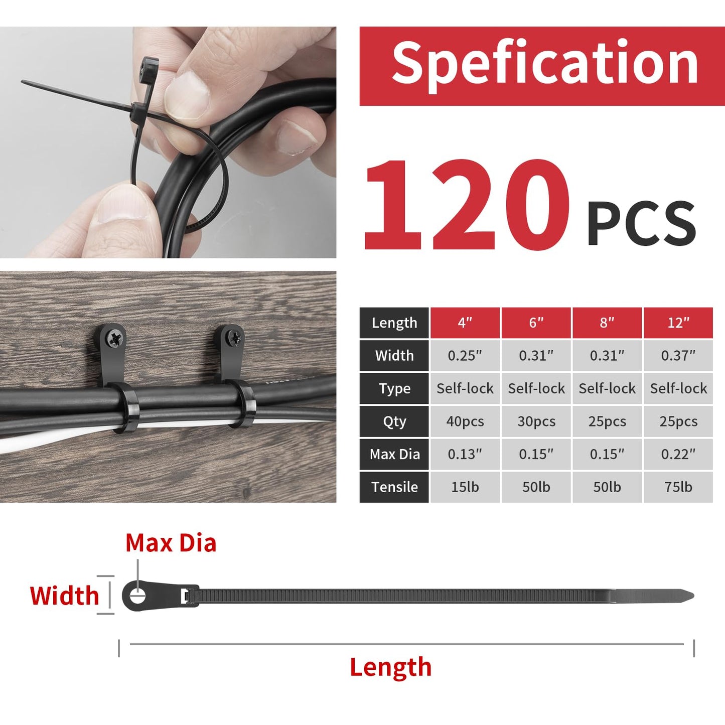 BethTie 120 PCS Black Zip Ties with Screw Hole Assorted Sizes, Mountable Head Nylon Cable Ties, Ideal for Indoor Outdoor Cable Management