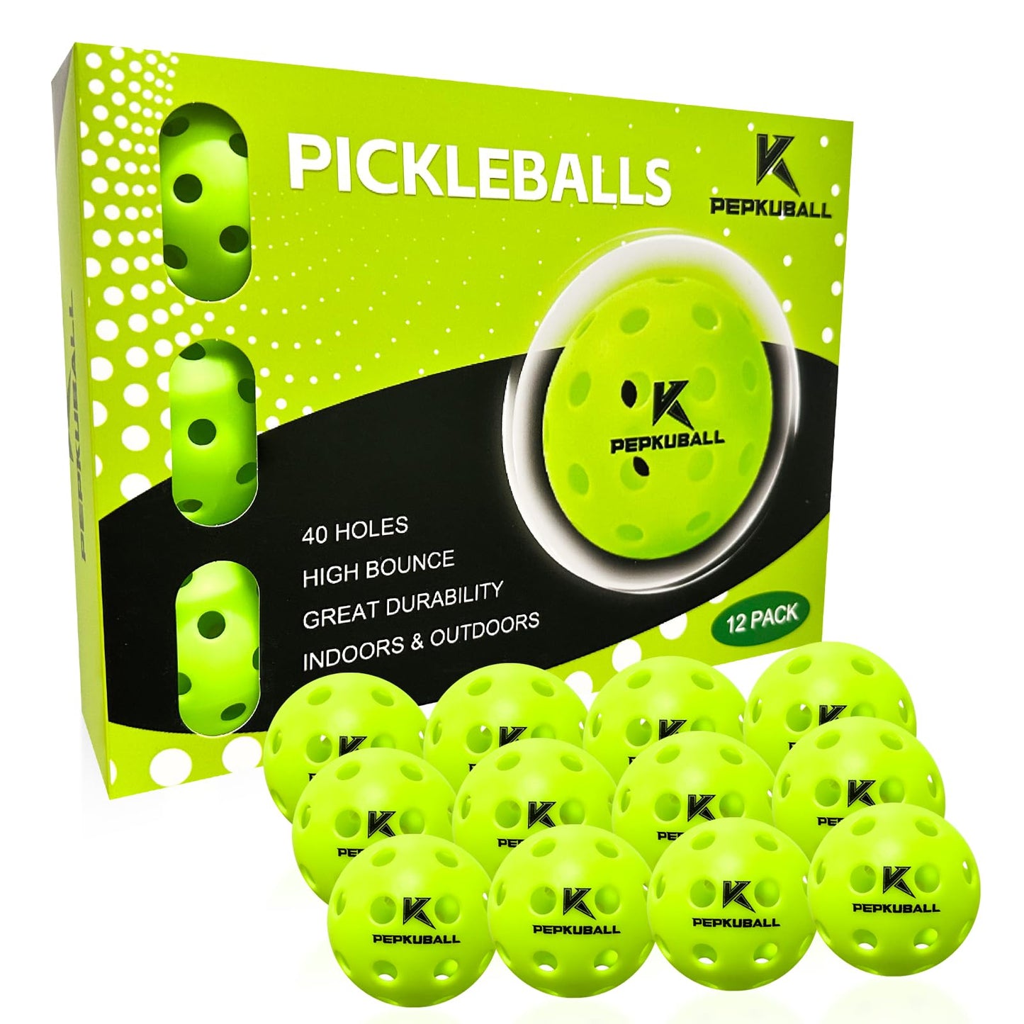 PEPKUBALL 40-Hole Pickleball Balls 12 Pack - Outdoor/Indoor High-Bounce Balls, High Visibility Green, Durable Molded Design for All Skill Levels(x40,12pack)