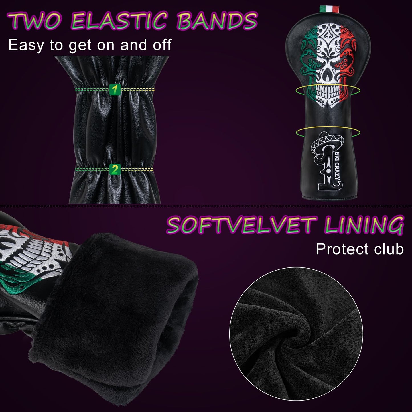 Big Crazy Funny Golf Head Covers, Driver Headcover, Hybrid Fairway Woods Putter Cover, Golf Gift Accessories for Men, Day of The Dead Skull Skeleton Design