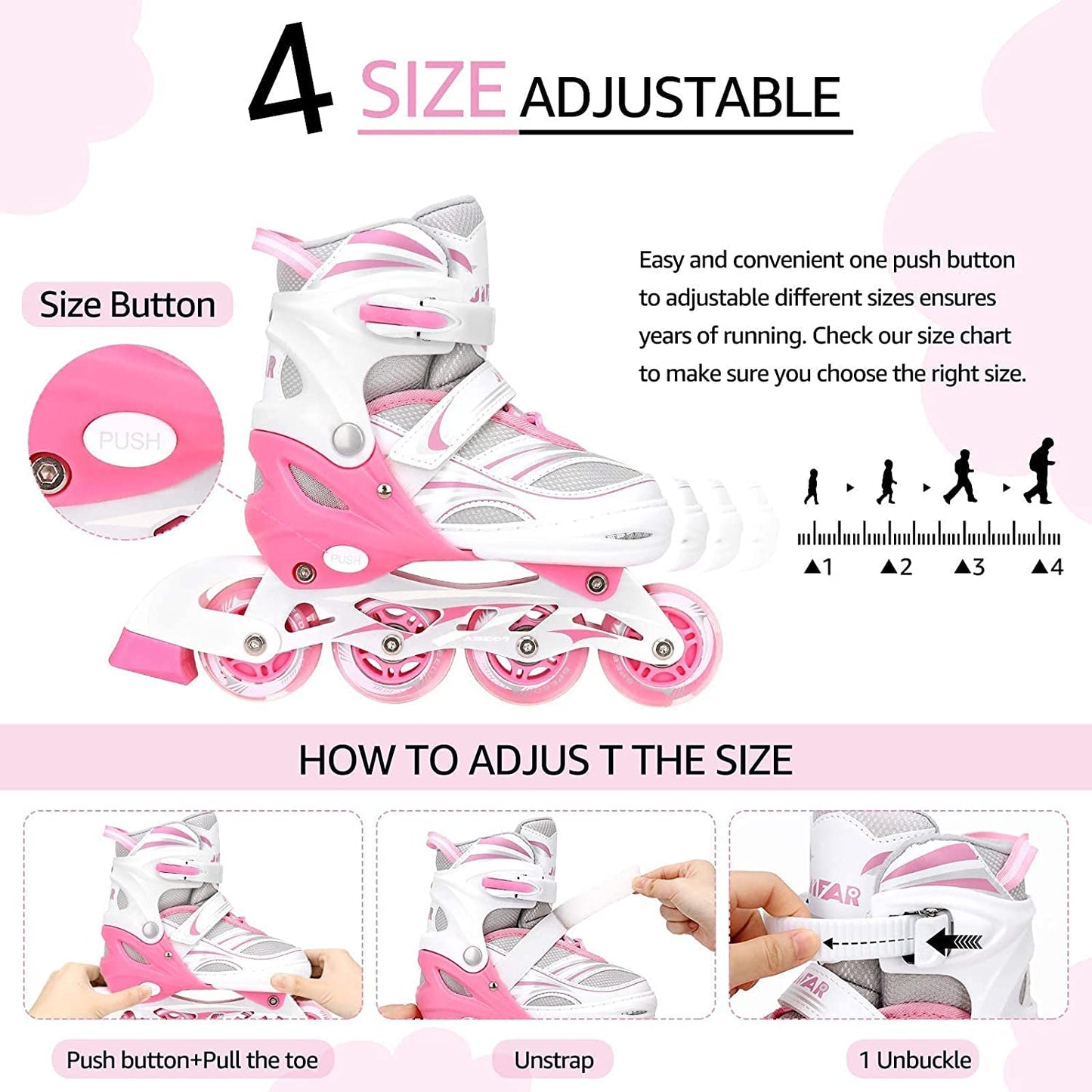 Adjustable Inline Skates for Kids & Beginners - 4-Size Extension Youth Roller Skates with Light-Up Wheels for Boys & Girls, Outdoor Sports Equipment
