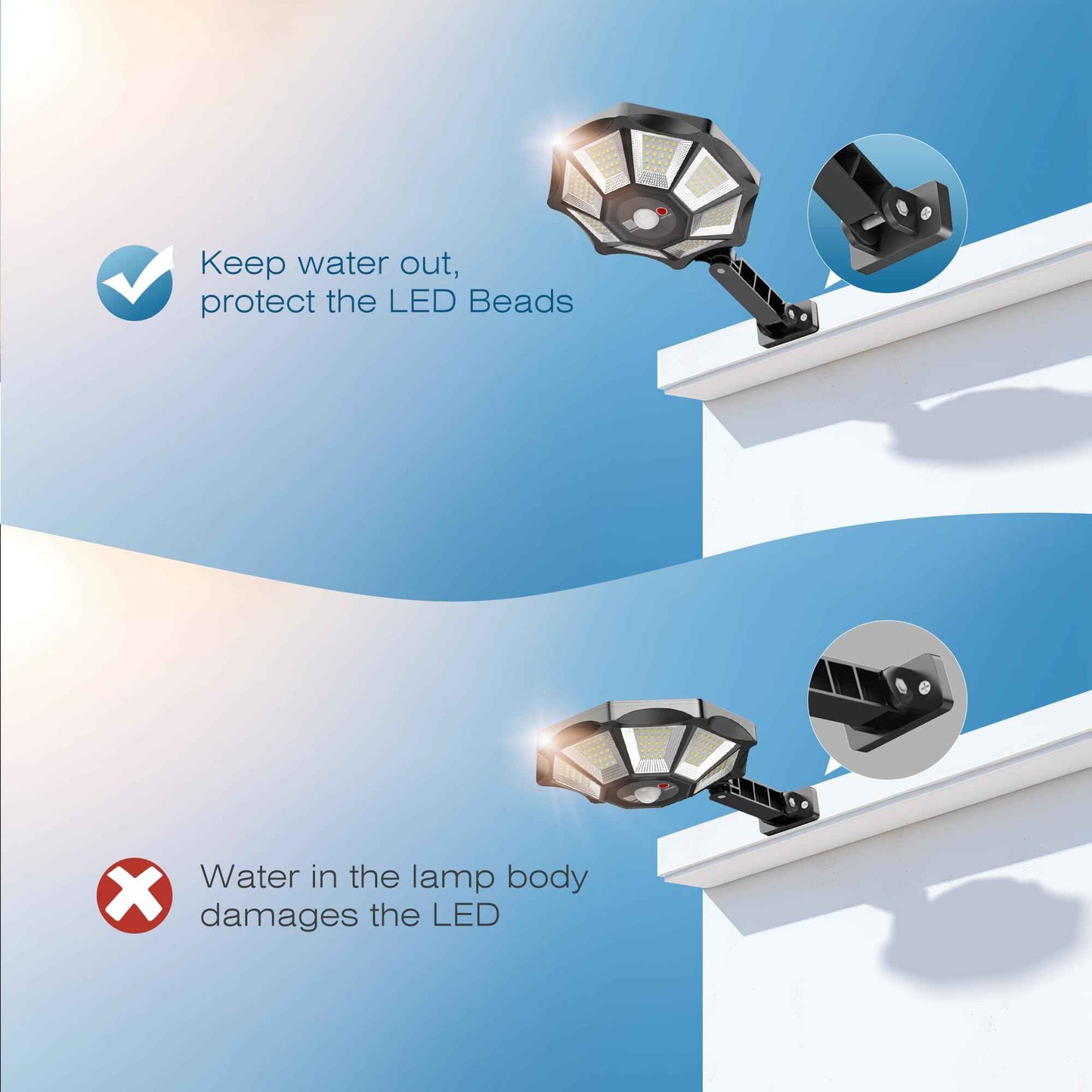 OKPRO Solar Lights Outdoor, 168LED 6500K Flood Light Dusk to Dawn, 8 Sides Solar Outdoor Lights with Motion Sensor, IP66 Waterproof Solar Street Lights Outdoor for Yard, Pools(2 Pack)