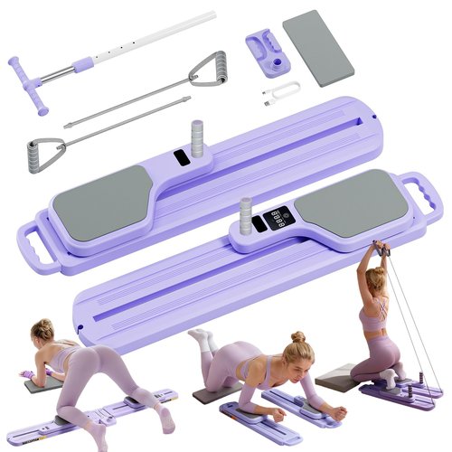 Pilates Board, Pilates Reformer, Portable Pilates Reformer, Pilates Board for Home Workout, 9 in 1 Foldable Pilates Equipment with Timer & Resistance Band, Fitness, Exercise, Ab, Core (Purple)