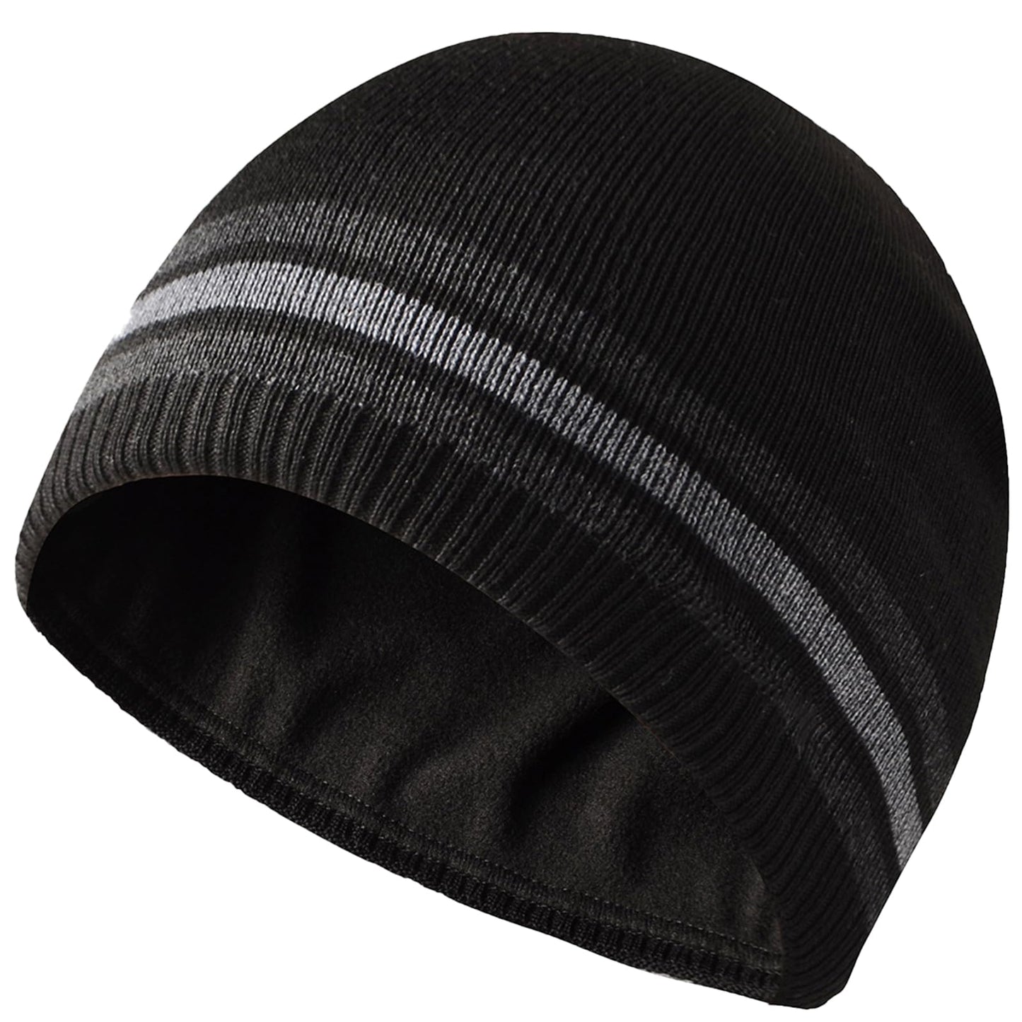 TUVATU Knitted Striped Beanie for Men Women, Fleece Lined Winter Hat, Warm Windproof Unisex Soft Ski Beanie Cap for Autumn Winter, Black