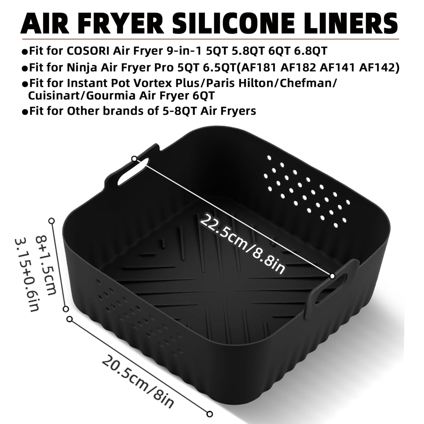 LYHOLKEER Air Fryer Liners Silicone for Chefman 6 QT,Instant Pot Vortex Plus 6QT XL,2PCS Square Air Fryer Silicone Basket Reusable for Ninja/Sweetcrispy/COSORI and Other 5-8QT,Airfryer Accessories