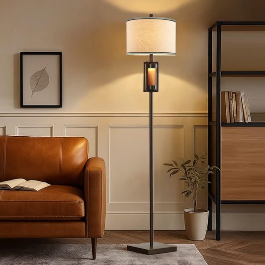 RORIANO 63'' Rustic Floor Lamp for Living Room with 2 Light Sources, Farmhouse Tall Standing Lamp with Amber NightLight, Vintage Lamp for Bedroom Reading Room Office, Bulbs Included (‎Brown)