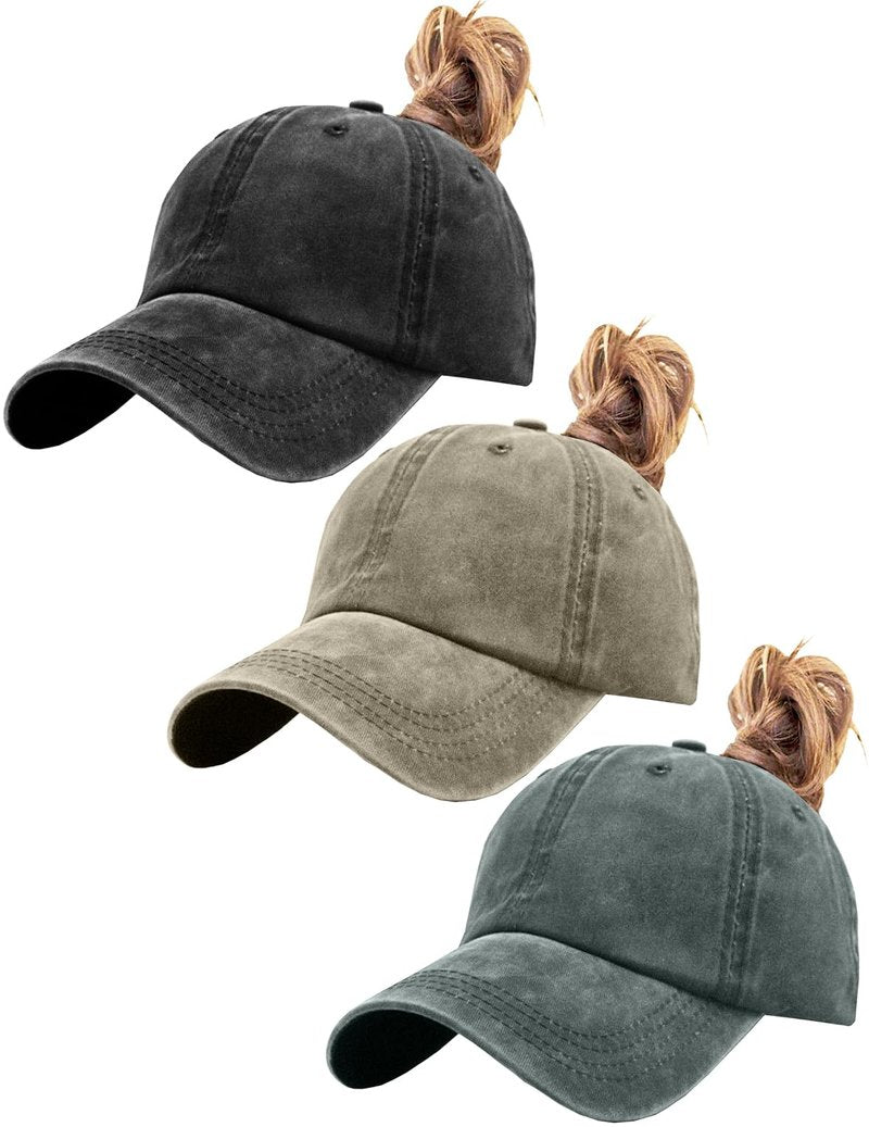 ZEXIAN 3 Pack Womens Vintage Washed Distressed Baseball-Cap with Ponytail Hole Sport Golf Hat (Black+Green+Khaki)