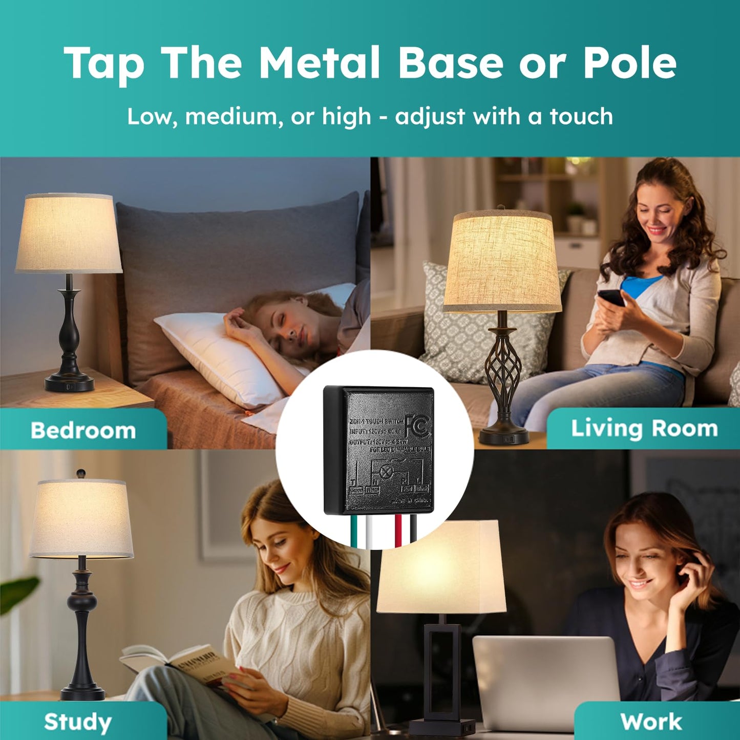 Touch Lamp Control Module 3 Way Dimmable Touch Lamp Sensor Replacement with Wiring Caps, Touch Lamp Switch Replacement Kits Touch Dimmer Switch for Lamp Fit Dimmable LED Bulbs