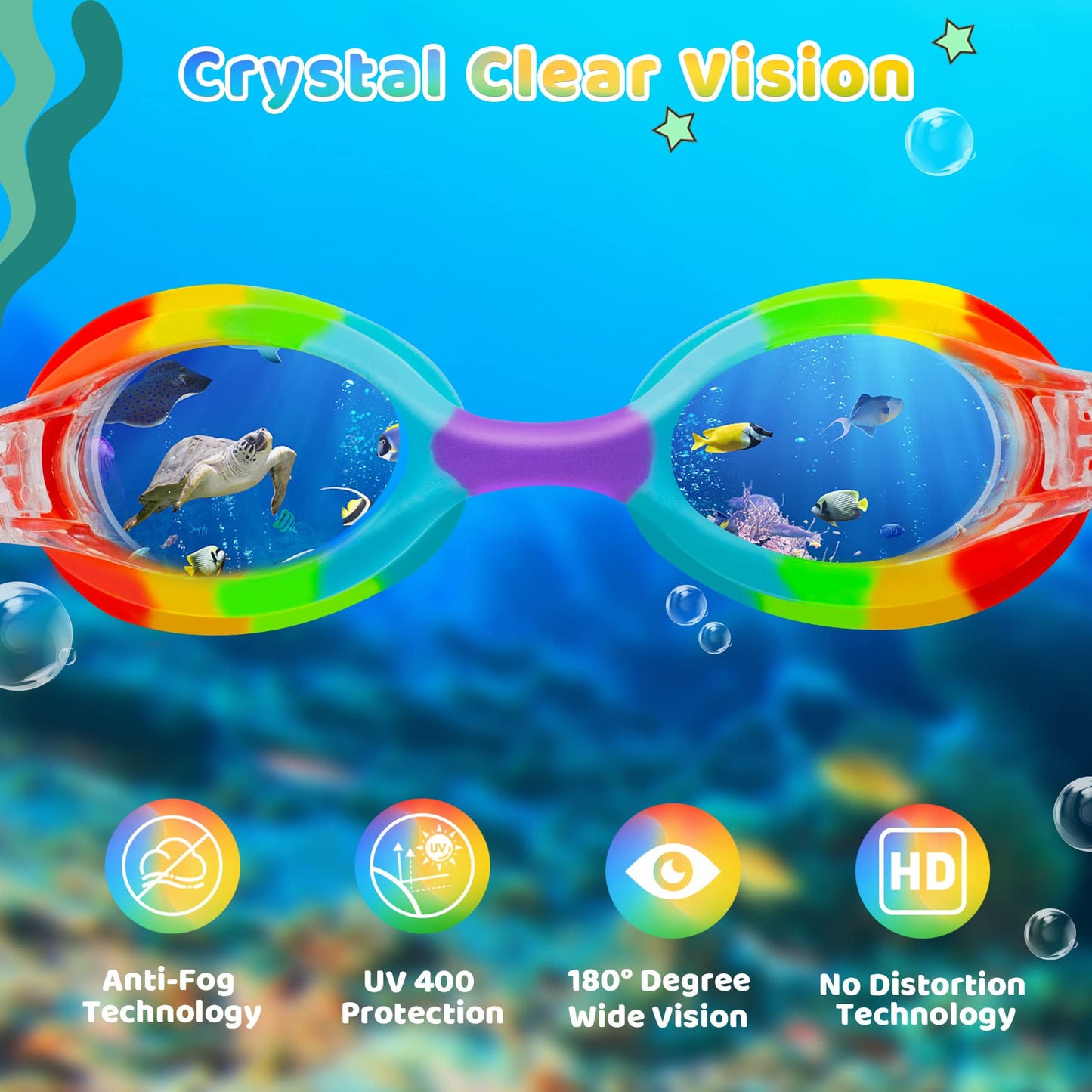 Vvinca Toddler Swim Goggles with Fabric Strap Cover, Rainbow Toddler Goggles 3-5 Year Old, Anti-Fog Clear View No Leak Girls Swimming Goggles No Tangle, Pain Free Water Pool Glasses