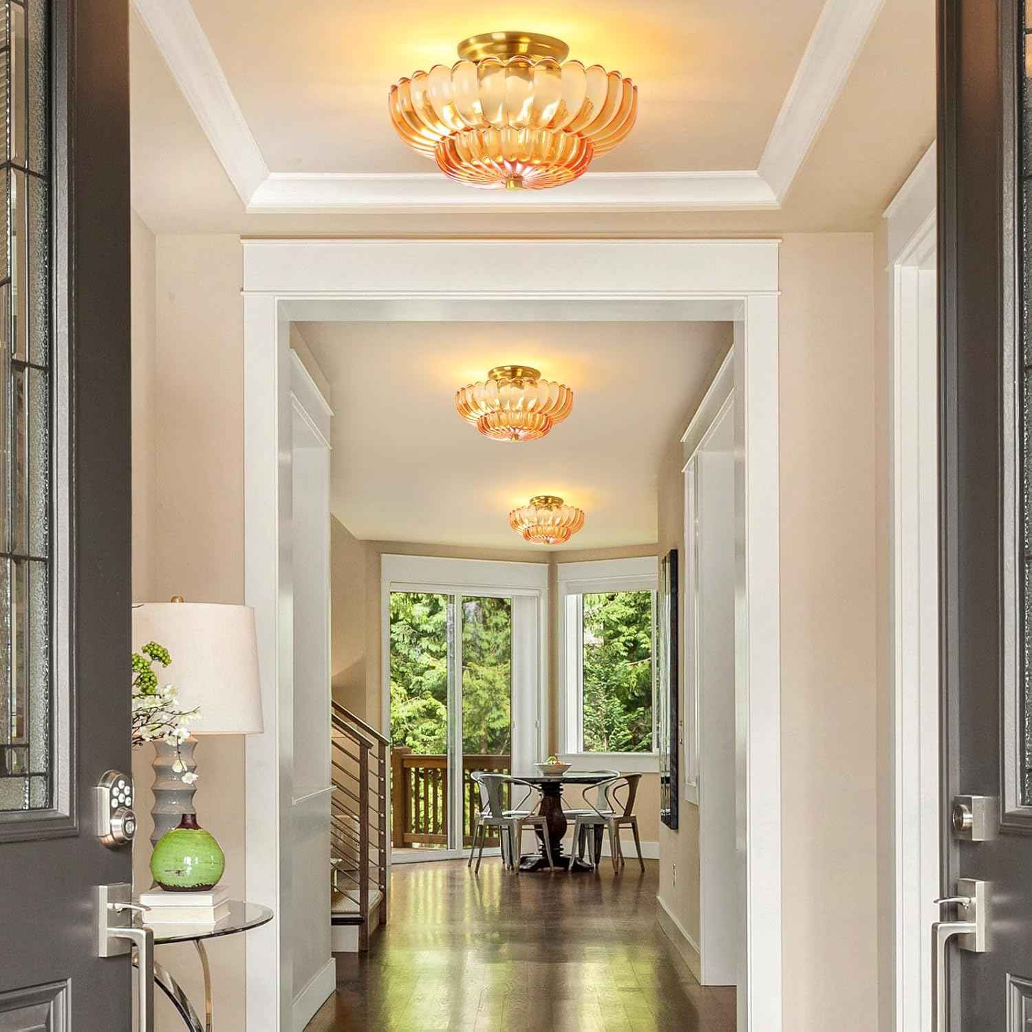 Modern Semi Flush Mount Ceiling Light Fixture with Brown Glass & Black Base - Ideal for Living Room, Kitchen, Bedroom, Hallway (Bulb Not Included)