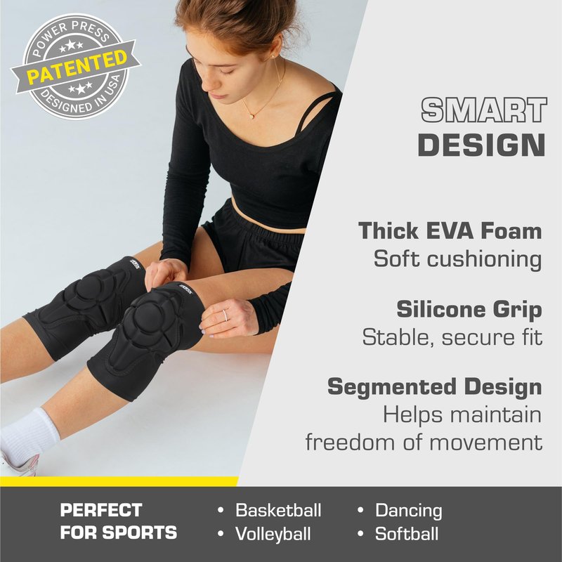 PowerPress EVA Foam Kneepads - Work Knee Pad for Men or Women with Silicone Grip - Pads for Knees for Basketball, Dance or Volleyball - Foam Comfort Knee Sleeve for Adults