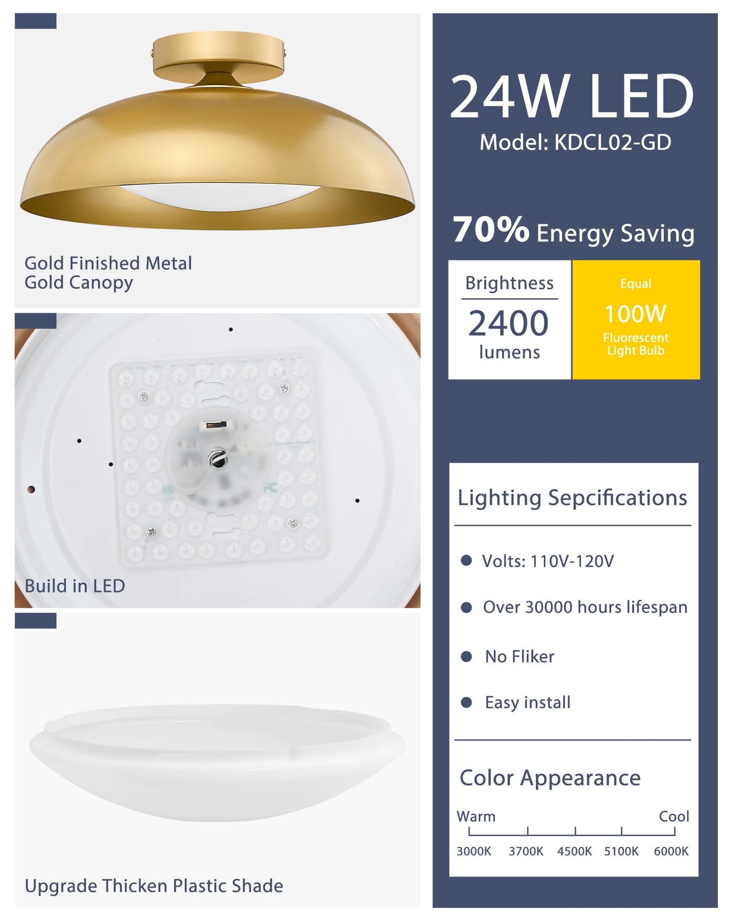 kudos Gold Semi Flush Mount Ceiling Light, 16 Inch LED Ceiling Light Fixtures, 23W/1300Lm Light Fixtures Ceiling Mount, 5CCT Adjustable, KDCL02-GD