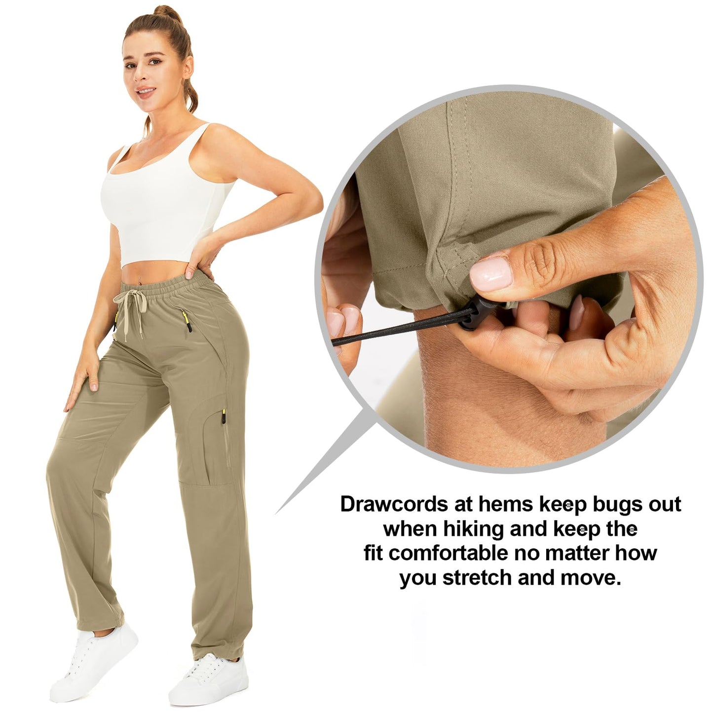 Womens Hiking Pants Sun Protection Quick Dry UPF 50 Lightweight Travel Golf Cargo Safari Pants Zipper Pockets,6608,Khaki,Tall XX-L