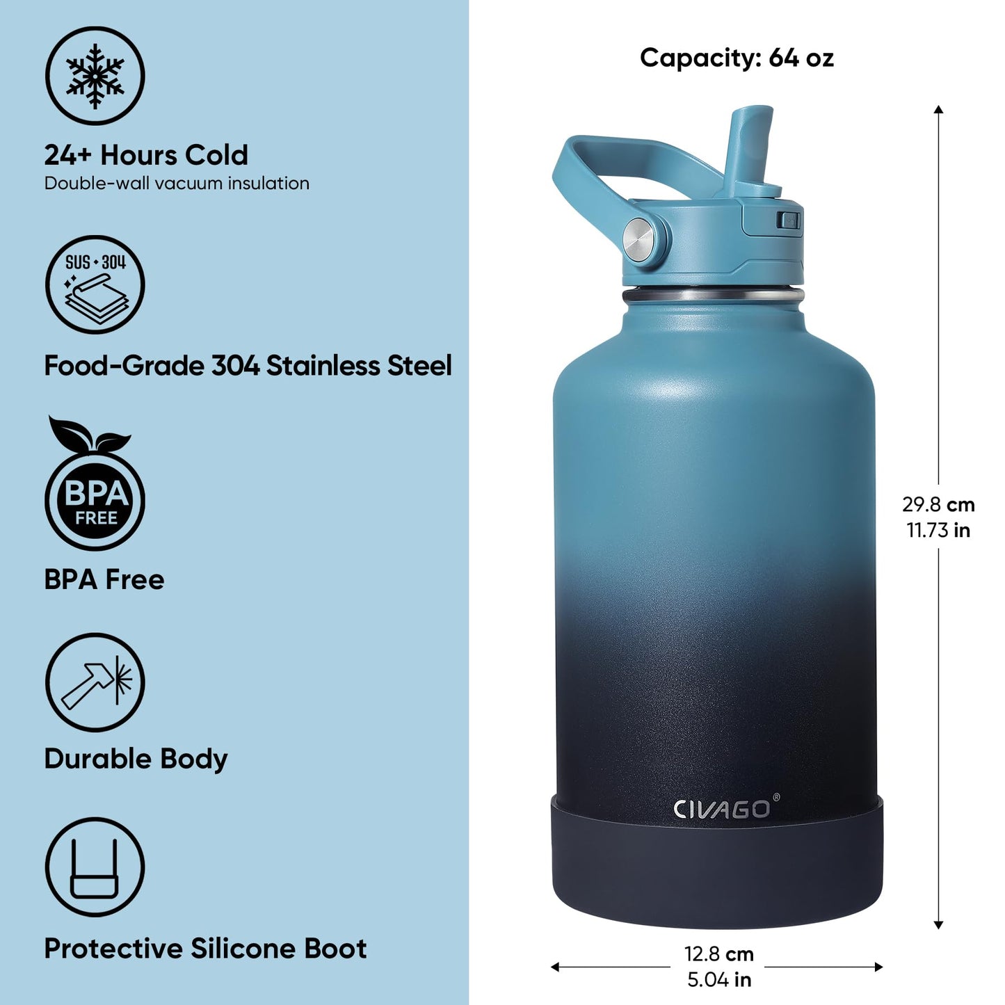 CIVAGO 64 oz Insulated Stainless Steel Water Bottle with Detachable Straw, Large Half Gallon Water Jug with Bucket Handle, Big Metal Leakproof Flask with Silicone Boot for Gym, Dishwasher Safe, Black