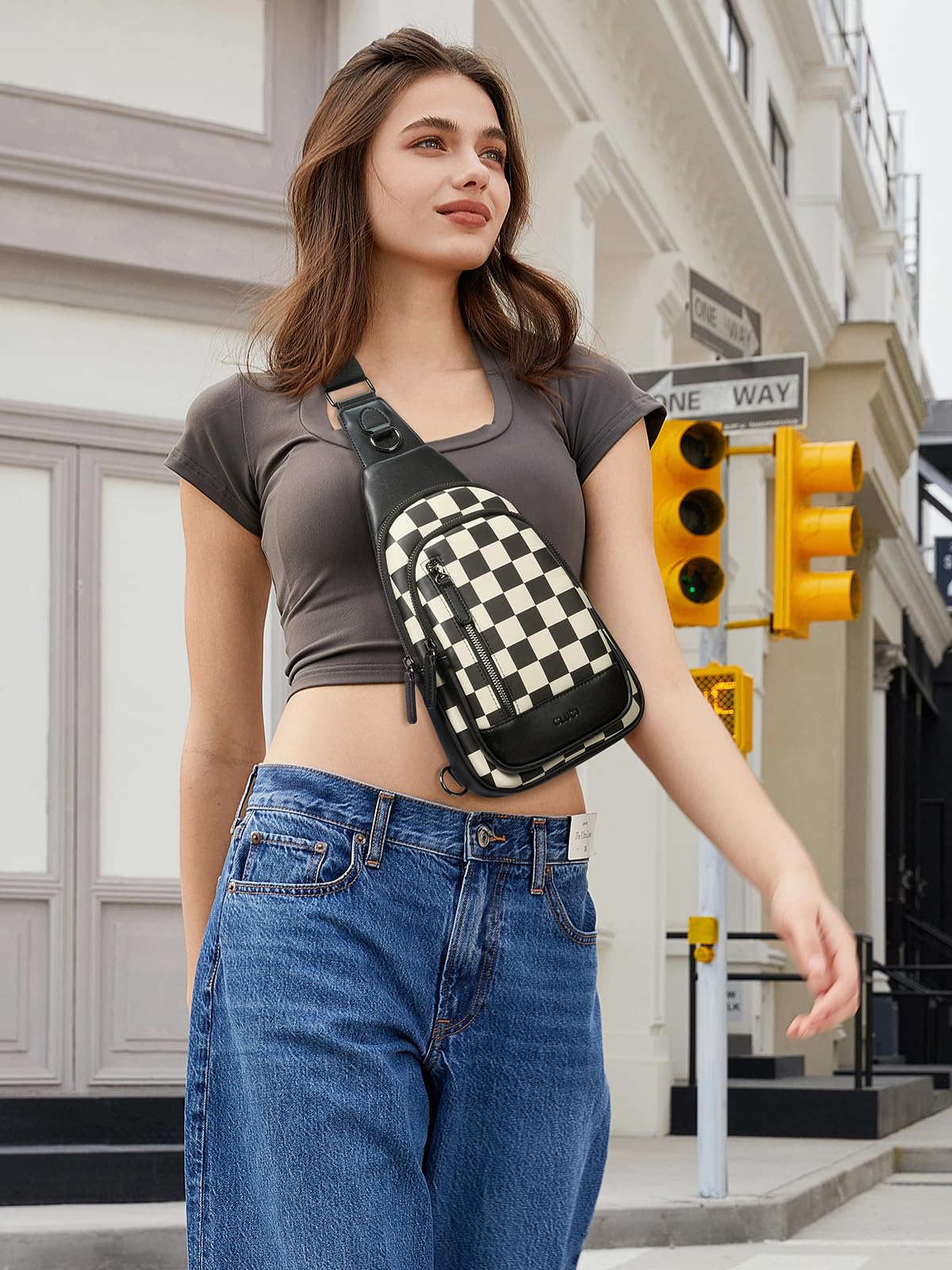 CLUCI Checkered Crossbody Bags for Women Men,Leather Sling Bag Cross Body Backpack for Woman Travel Essentials Birthday Gifts