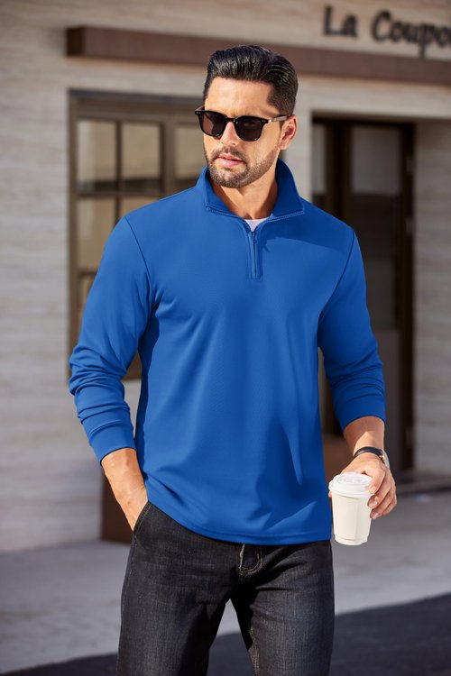 COOFANDY Quarter Zip for Men Regular Fit Lightweight Knitted Mock Neck Pullover Casual Polo Sweatshirts Big and Tall Half Zip Sweaters Blue