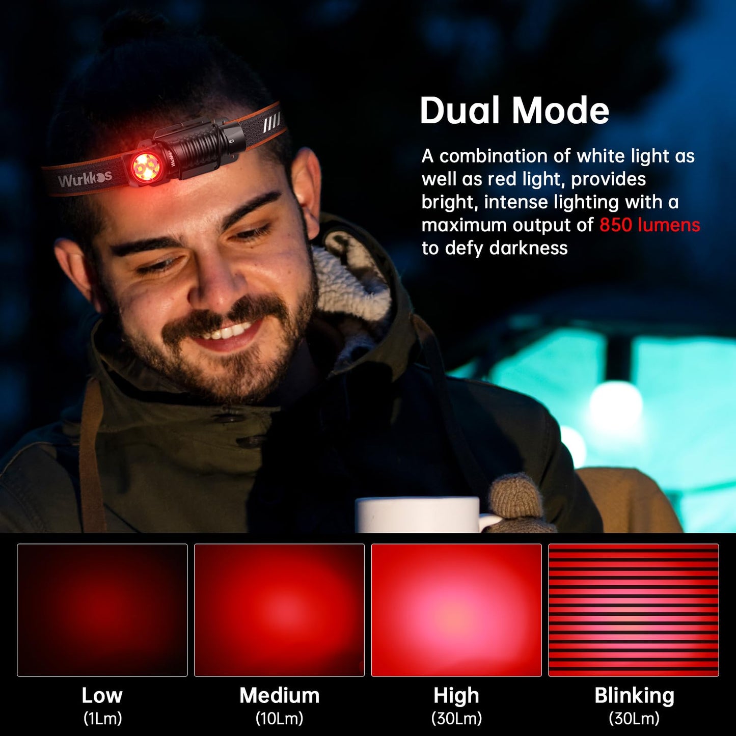 Wurkkos Headlamp,HD12 850LM Rechargeable Headlamp,Head Lamps Led Rechargeable,Mini AA Head Lights,Camping headlamps with Red Light,Waterproof,for Kids and Adults,Hiking,Emergency,Outdoor,Hard Hat