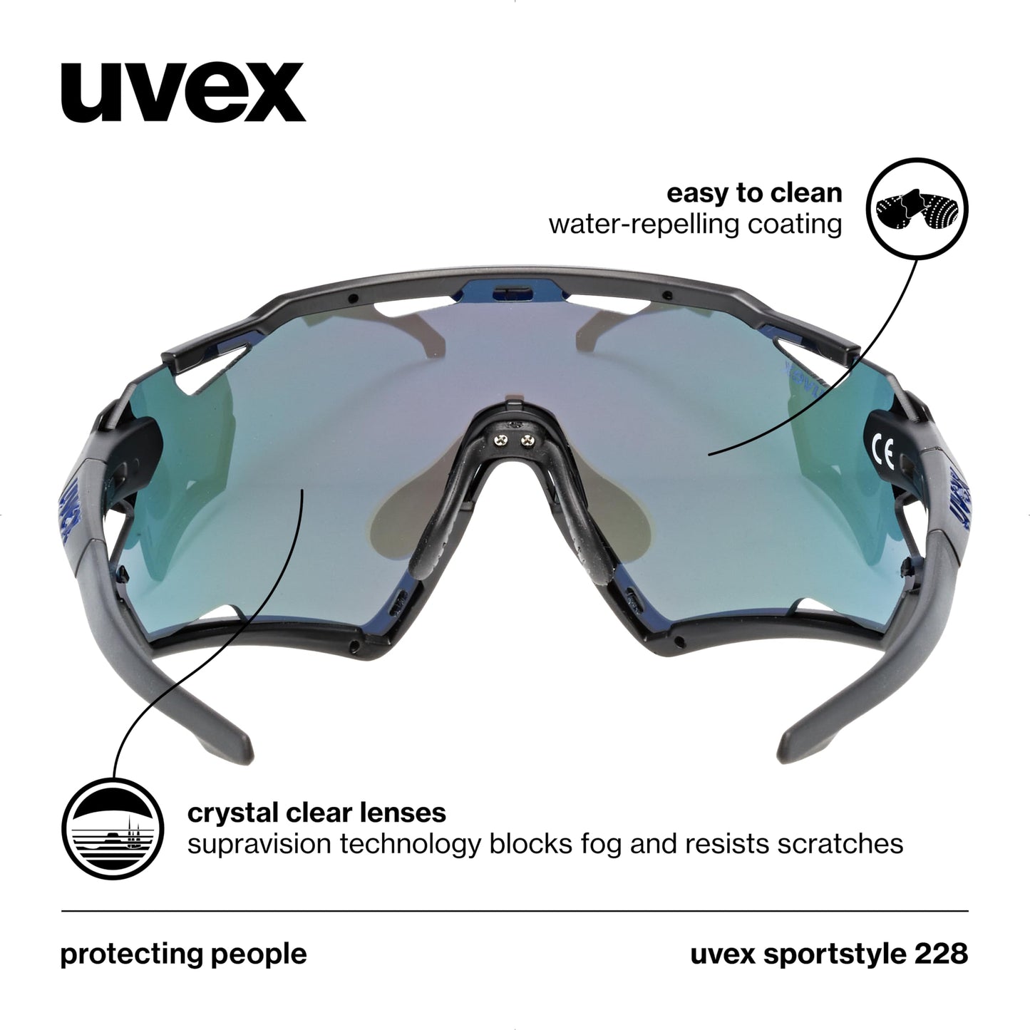 uvex sportstyle 228 - sports sunglasses - cycling/running shades - anti-fog & scratch resistant lenses with UV protection - black matte/mirror blue - one size
