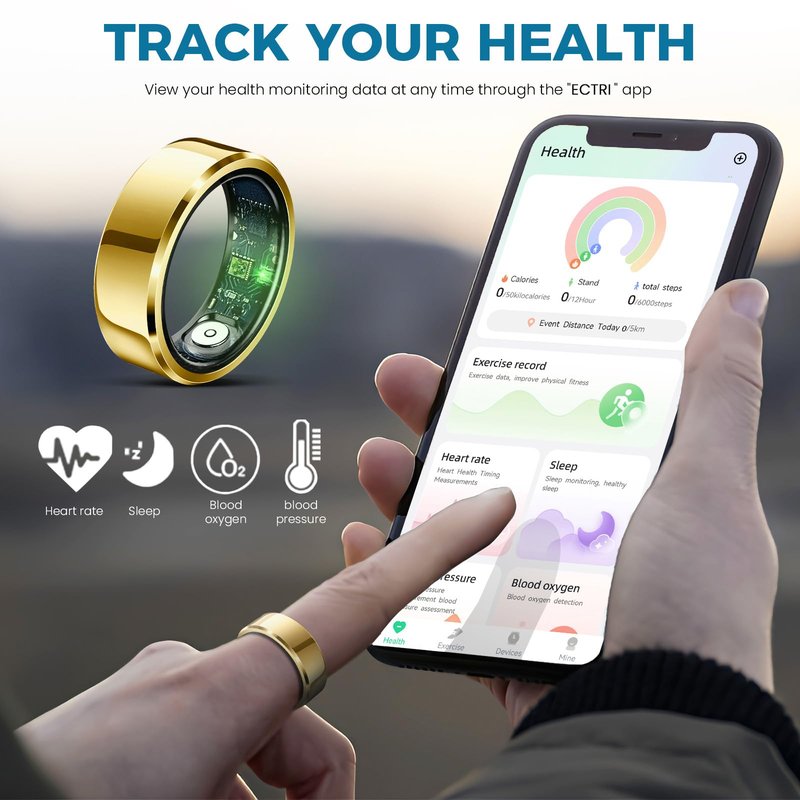 Smart Ring for Women Men Fitness Tracker with Blood Pressure,Heart Rate,Sleep Monitoring,Step Counting,for iPhone and Android,Waterproof smart blood pressure monitor,No Subscription Fees,Gold 8 size
